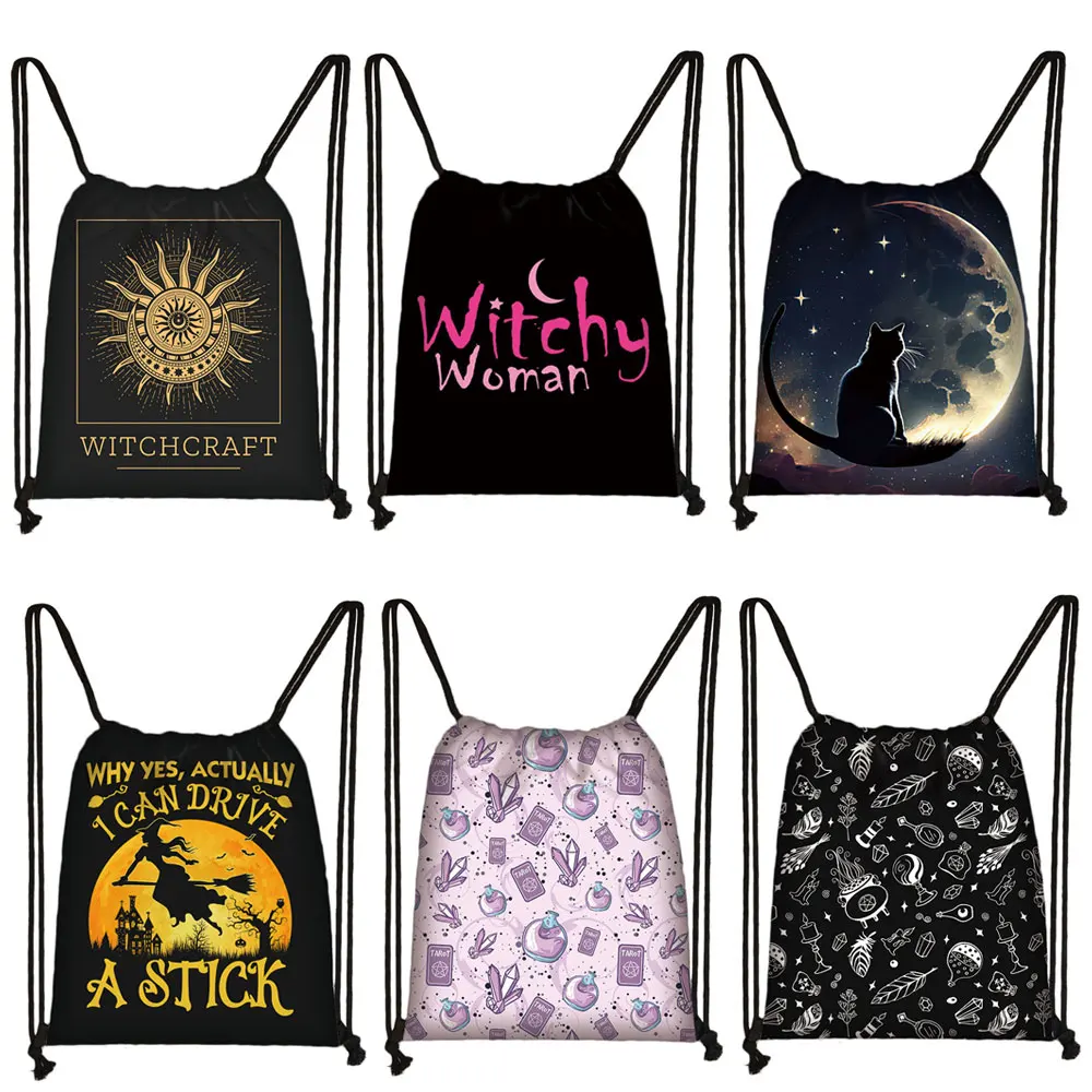 Witch Witchcraft Print Backpack Witchy Woman Drawstring Bags Moon Star Cat Storage Bag for Travel Shoes Holder Wicca Bookbag