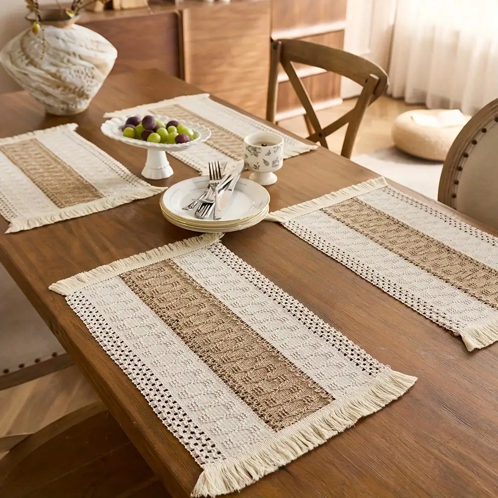 1/4/6pcs Farmhouse - style Rectangular Placemats, Woven Tassel Table Mats. Ideal for Decorating Dining and Kitchen Tables,