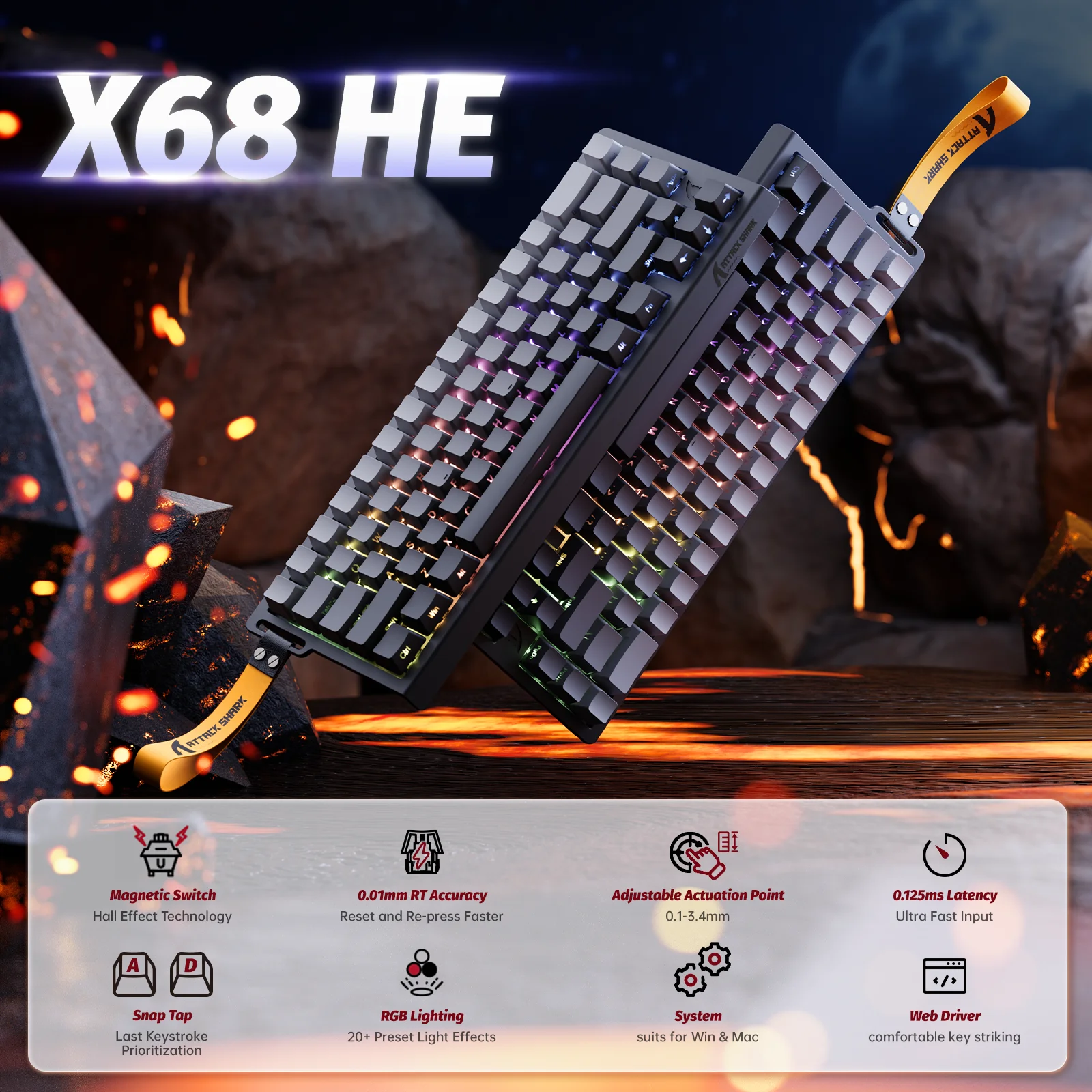لوحة مفاتيح مغناطيسية ATTACK SHARK X68 HE Rapid Trigger 8 كيلو هرتز، دقة 0.01 مم RT، تخطيط 60%، RGB، تدعم صنبور RT/Snap/DKS/MT/TGL