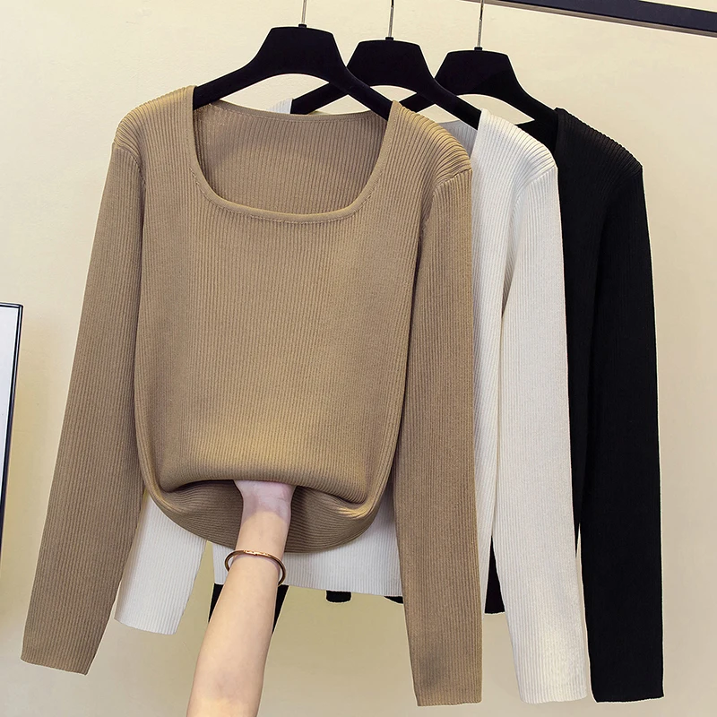 

Sexy Square Neck Knitted Bottoming Shirt Loose Solid Color Long-Sleeved Top Women's 2023 Spring Summer New Wild Fashion Sweater