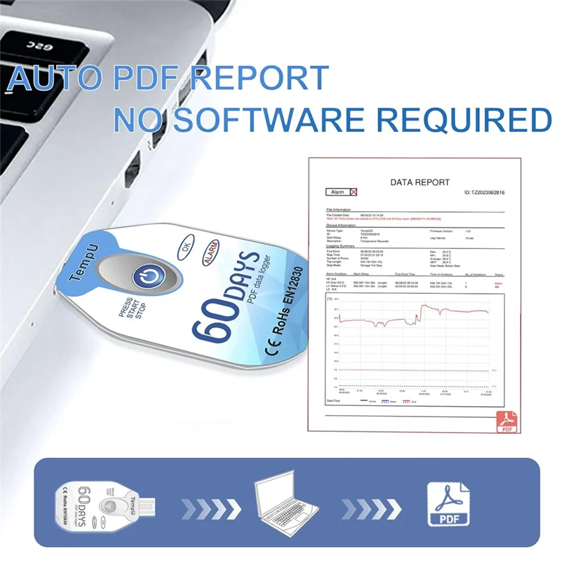 A60F-Temperature Data Logger USB Disposable PDF Temp Recorder Thermometer Logger Tempu02 60 Days For Cold Chain