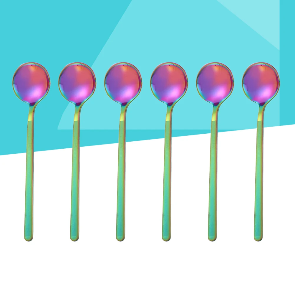 

6 Pcs 13CM Stainless Steel Round Spoon Mini Long Handle Teaspoons Coffee Stirring Spoon for Coffee Sugar Dessert (Short, Multico