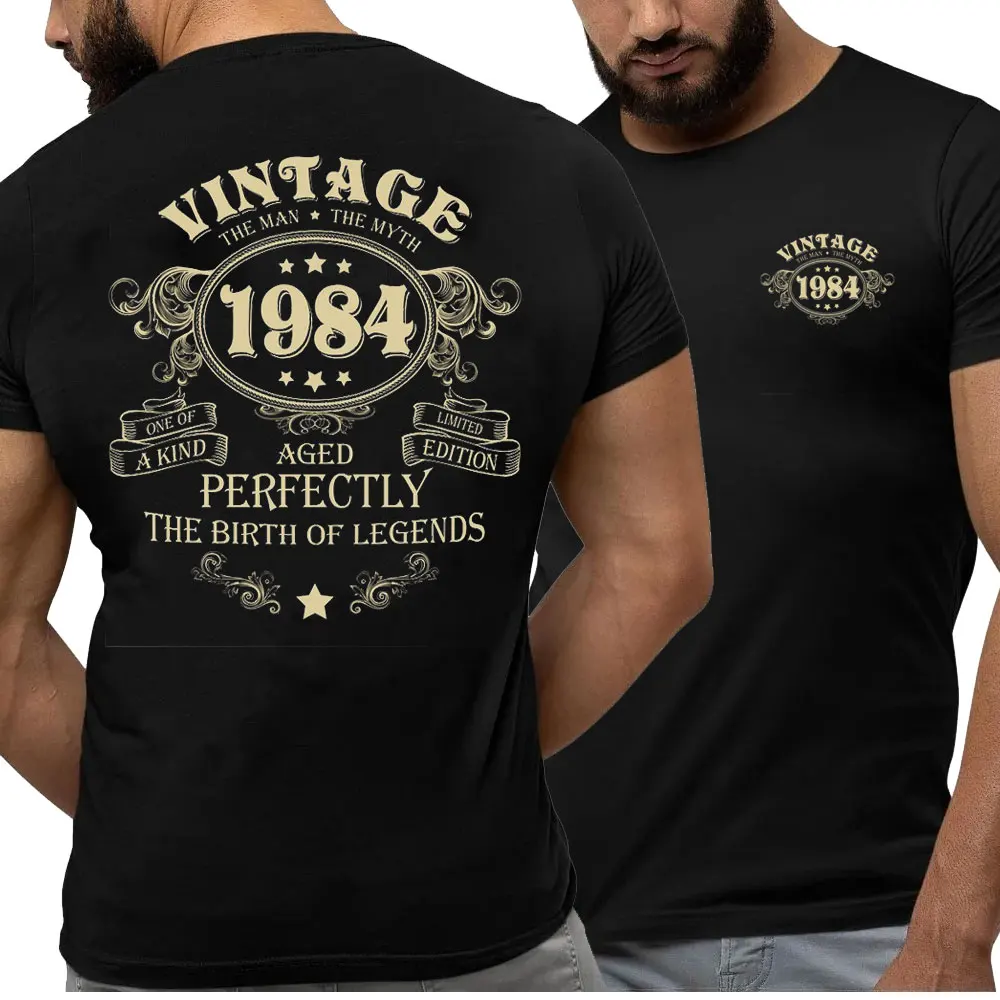 40th Birthday Cotton Shirt for Men Legends Were Born in 1984, Vintage 40 Years Old T-Shirt Left Chest Full Back Print Tee Tops