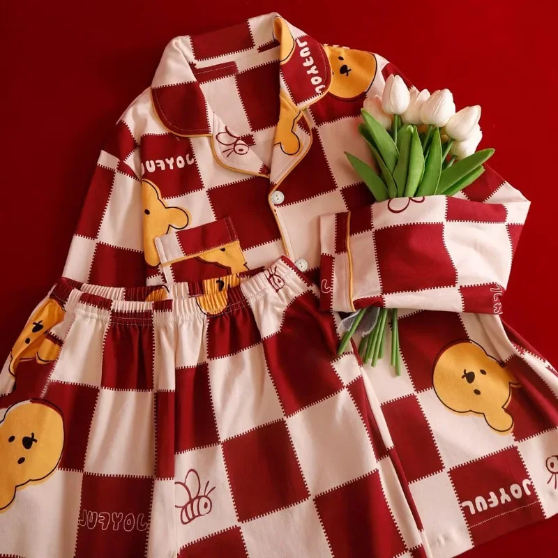 Disney Winnie the Pooh autumn and winter red New Year\'s cartoon women\'s pajamas plaid splicing lapel cardigan loungewear set