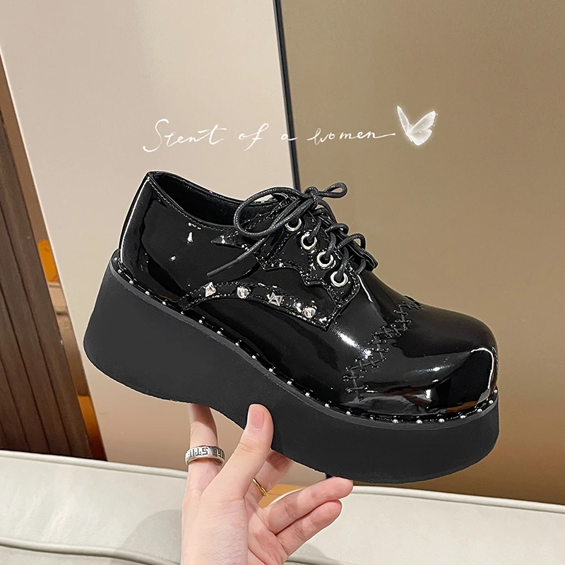 Y2K Rivet Punk Gothic Shoes Girls Lace-Up Chunky Platform Mary Janes shoes Women Japanese Style Wedges Pumps  PU Leather Shoes