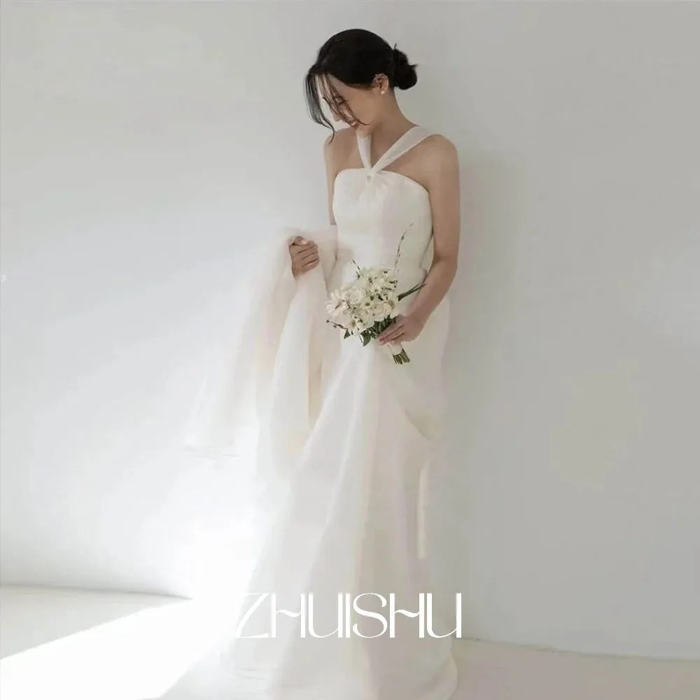 

ZHUISHU простое тюлевое свадебное платье без рукавов с лямкой на шее, свадебное платье для фотосессии, длиной до пола, Vestidos Novias Boda, женское индивидуальное платье