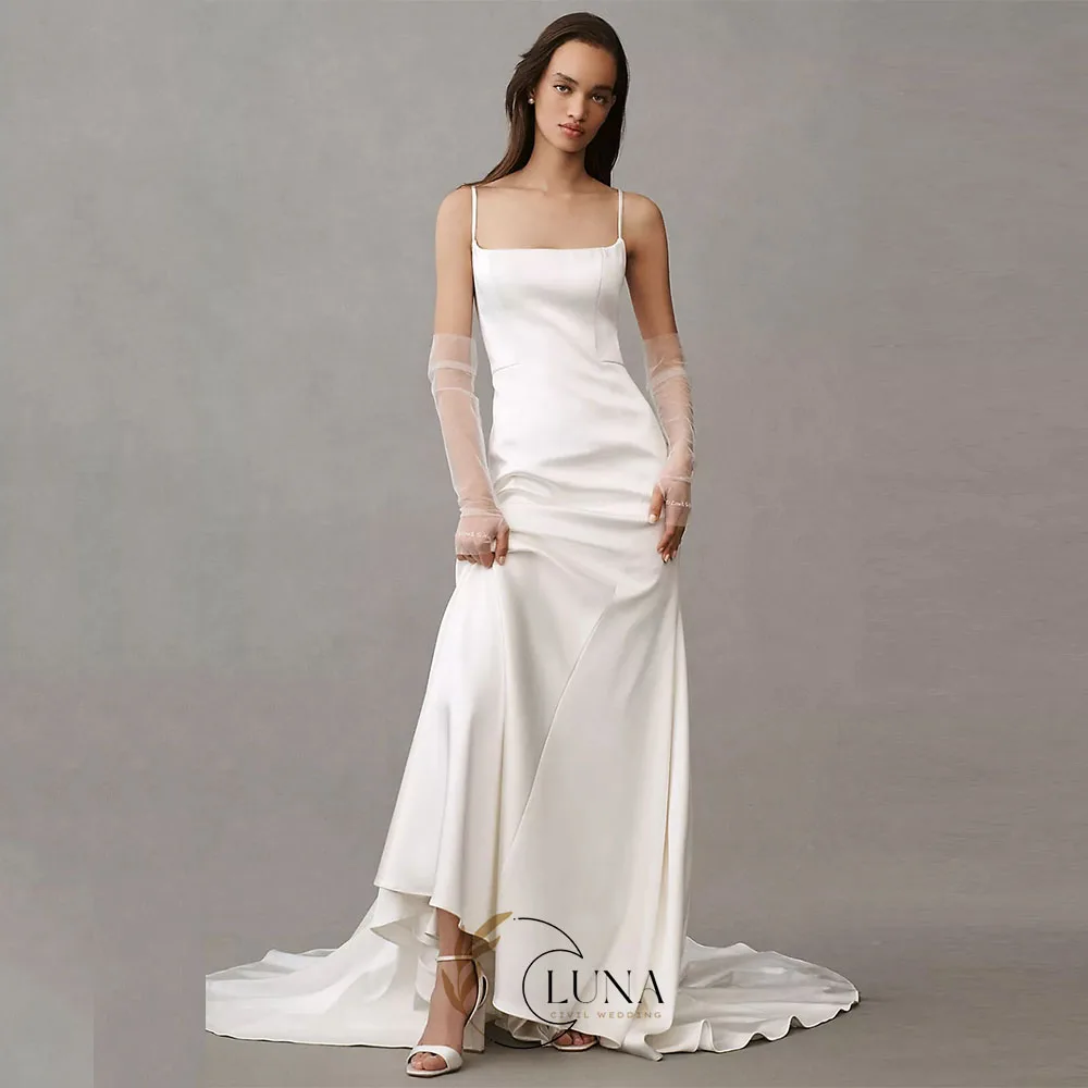 Luna Customized Simple Civil Wedding Gown For Bride Spaghetti Straps Buttons Back Bridal Dresses with Train vestido de novia