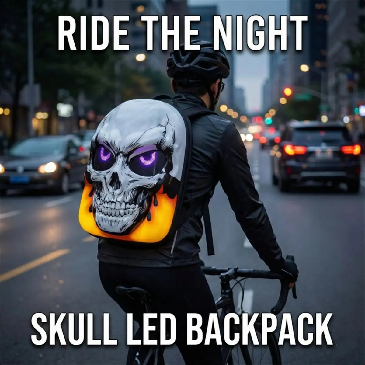 B72ABG 3D LED Skull Backpack Hard Shell Motorcycle Bag with Programmable Eyes App Control Storage Bag for Travel Cycling White