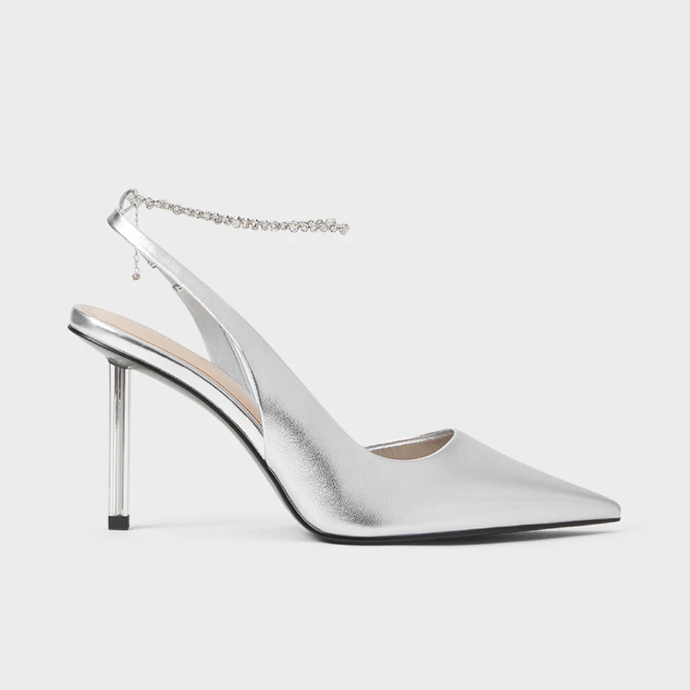 FWRD Women's Metallic Leather Pointed-Toe Chain-Strap Stiletto Sandals, Comfortable, for Parties & Evenings #FWRD000271