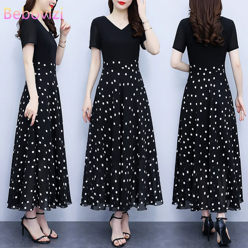 

Black Chiffon Polka Dots Patchwork Long Dresses for Women 2024 Summer New Hepburn Slim Big Swing V-neck Dress