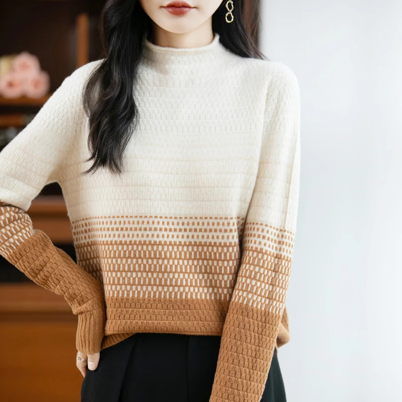 Autumn and Winter New Women's Long Sleeve Cashmere Base Sweater Gradient Seamless Pure Wool Sweater Half High Collar Comfortable