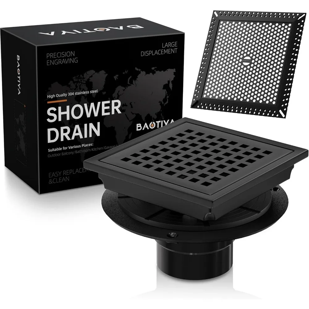 

6 Inch Square Black Shower Floor Drain with Removable Quadrato Grate Flange SUS 304 Stainless Steel