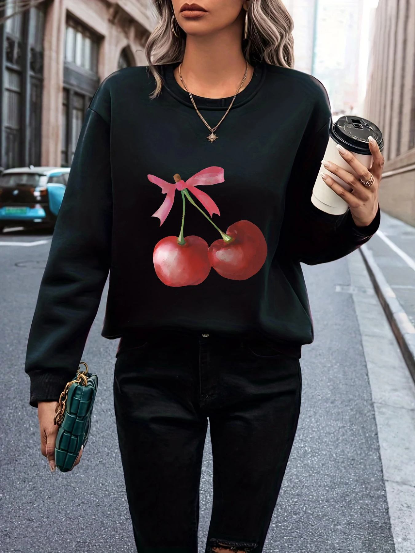 Realistic Fruit Cherry Print Black Hoodless Sweatshirt Comfortable Women\'s Fashion Ladies Wear Tops