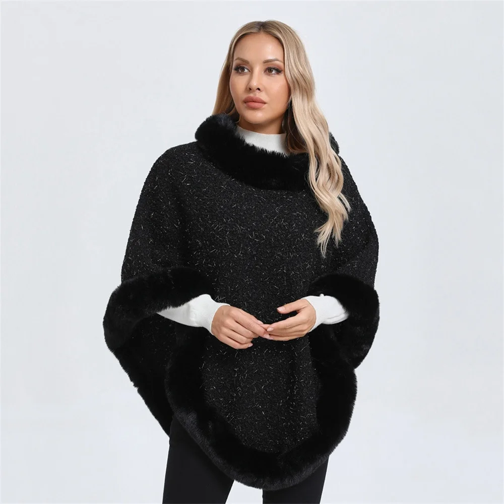 6 Colors Women Granular Velvet Bright Silk Solid Pullover Faux Fur O Neck Loose Cape Outer Wear Winter Thick Warm Shawl Coat