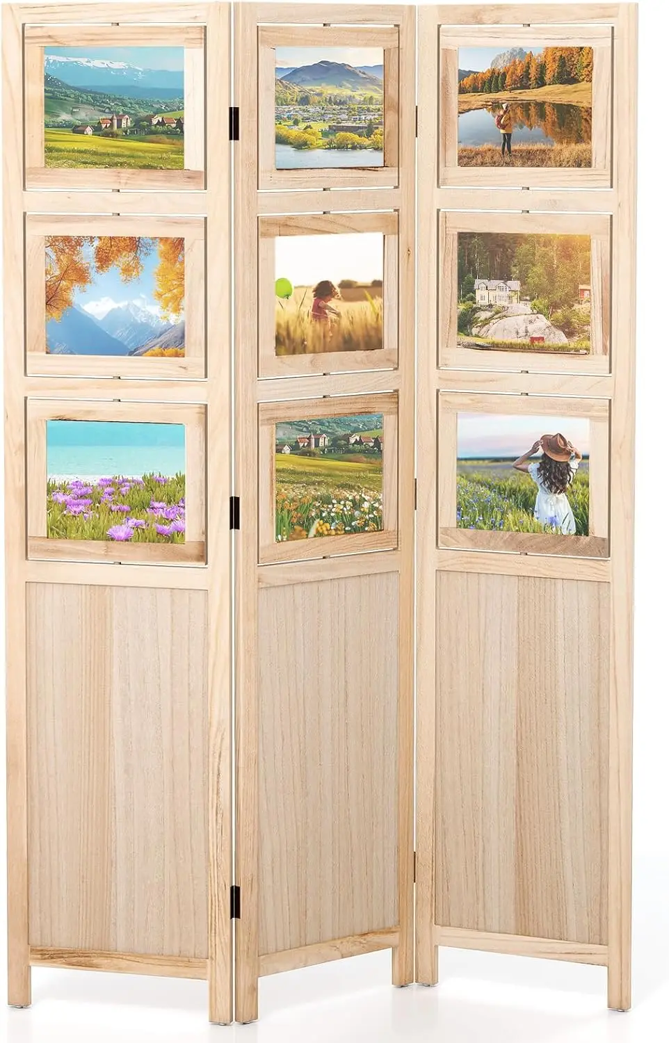 3-Panel Folding Room Divider with 9 Rotating Photo Frames, 67-Inch Freestanding Wood Privacy Screen for Picture Display & Room Separation, Natural Wall Partition for Bedroom or Office