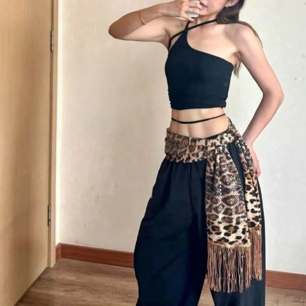 الترتر الجاز الرقص وشاح الورك Y2K قميص موسع شرابات ليوبارد طباعة حزام طويل الهيب هوب البضائع السراويل الخصر الفرقة