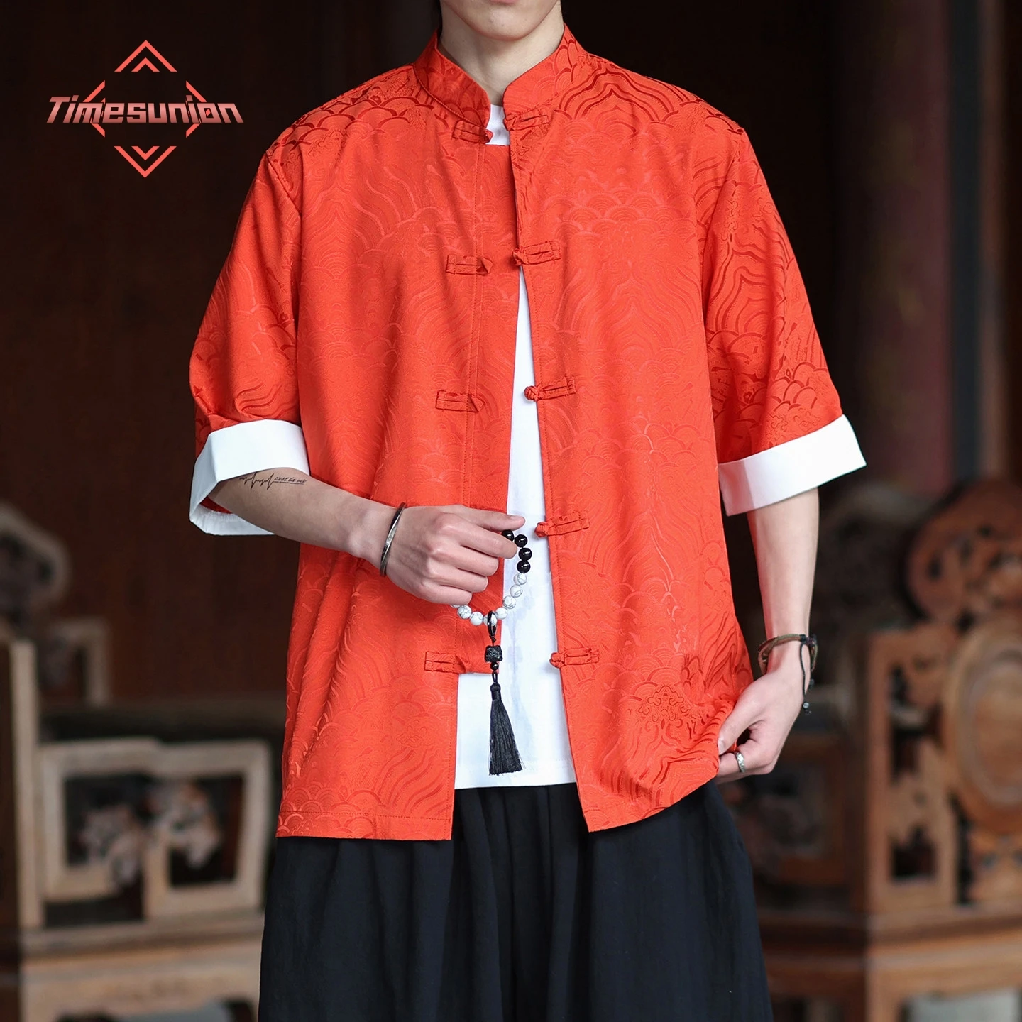 

Japanese Style Shirt Man Summer Chinese Stand Up Collar Yukata Kimono Samurai Wear Wave Jacquard Hanbok Casual Short Sleeves Top