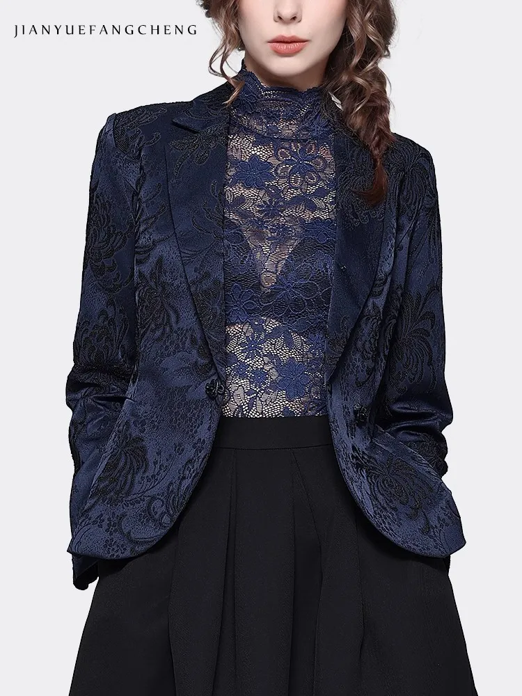 Elegant Suit Collar Women\' Dark Blue Jacquard Blazer Elegant Slim Short Female Autumn Winter Coat Jacket Office Ladies Tops