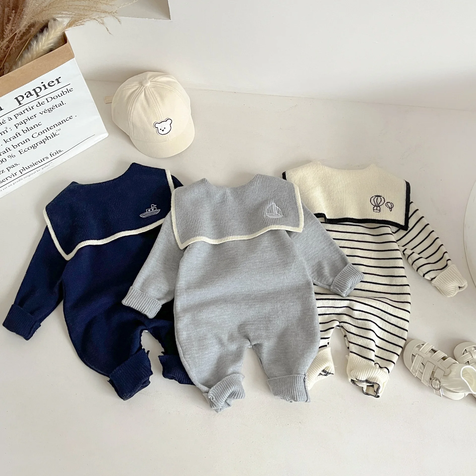 2024 Autumn New Baby Long Sleeve Knitted Romper Sailor Collar Newborn Clothes Infant Toddler Boy Girl Striped Casual Jumpsuit