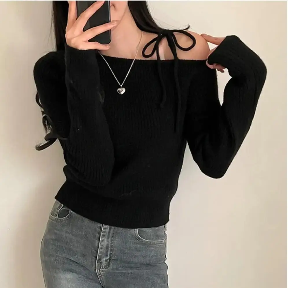 Maglione lavorato a maglia chic con spalle scoperte Faion da donna Design asimmetrico con cintura vestibilità ampia Abbigliamento interno Stagione primaverile autunnale