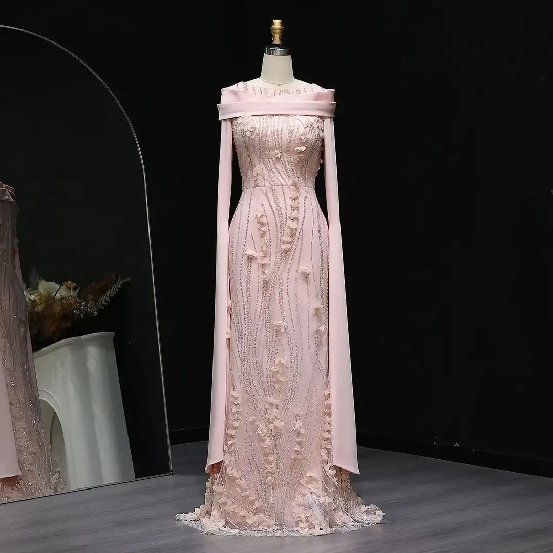High Quality Customized Elegant Women Evening Off-the-shoulder Long Sleeves Mermaid 3D Flowers Sequin Prom Beads Floor Length