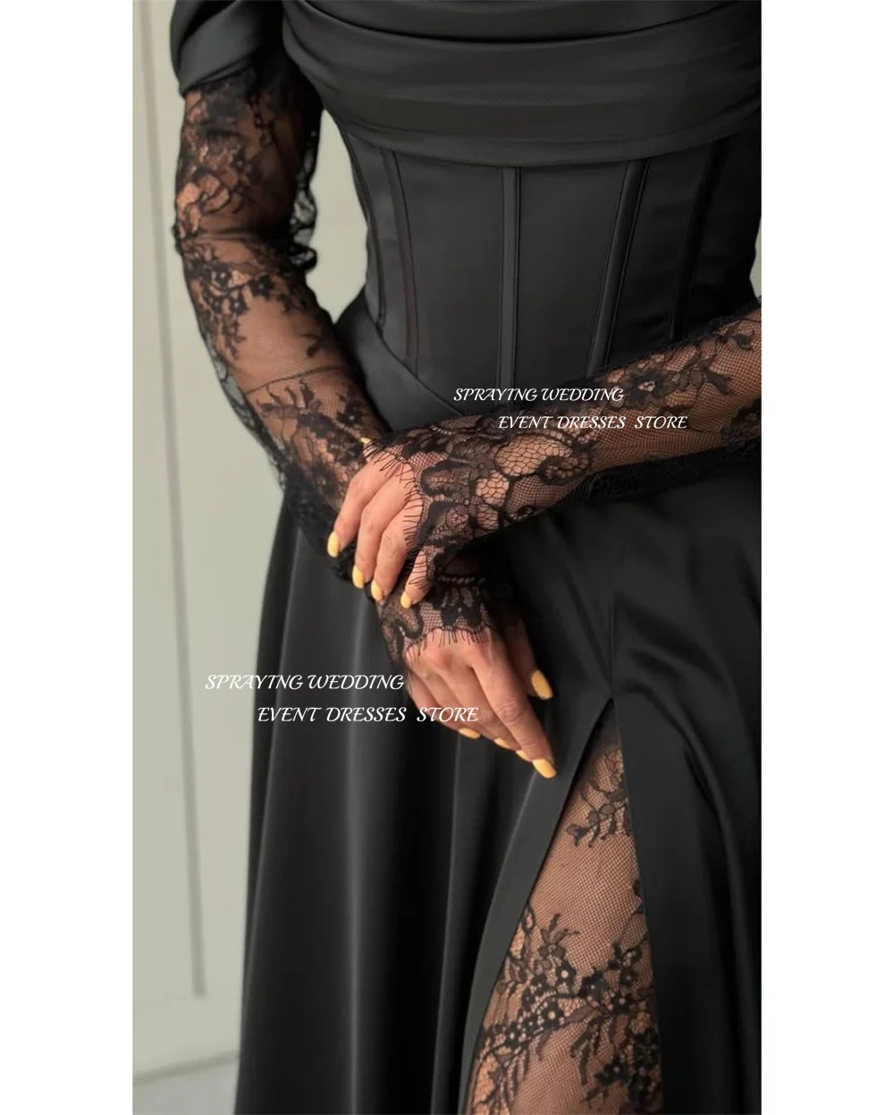 SPRAYING – robe de soirée élégante en dentelle noire, épaules dénudées, manches longues, en Satin, longue, arabe, robes d'occasion formelles, 2025