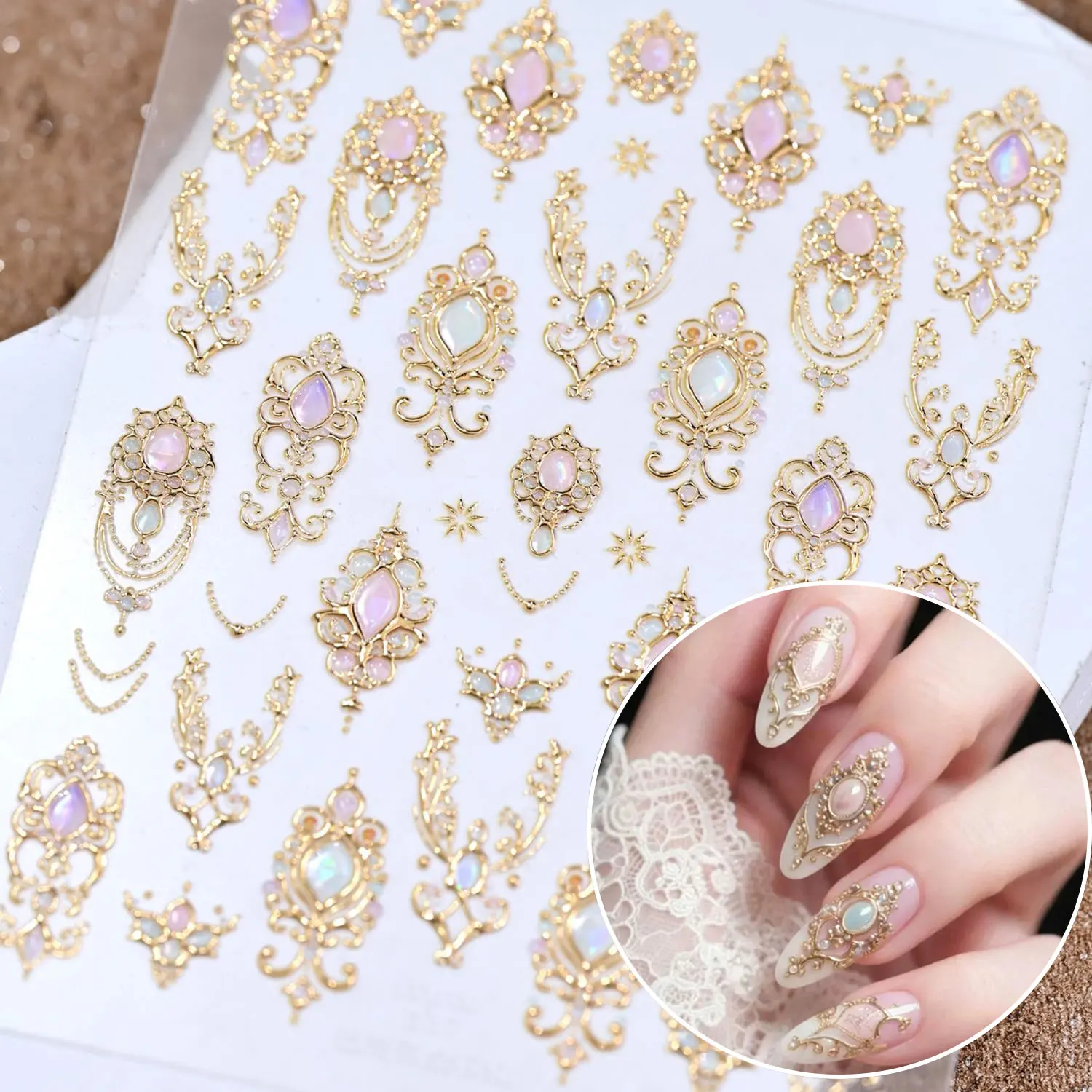 1pcs 5D Embossed Gold Pink Diamond Necklace Nail Stickers Vintage Baroque Scepter Nail Decals Self-Adhesive Nails Art Decoration