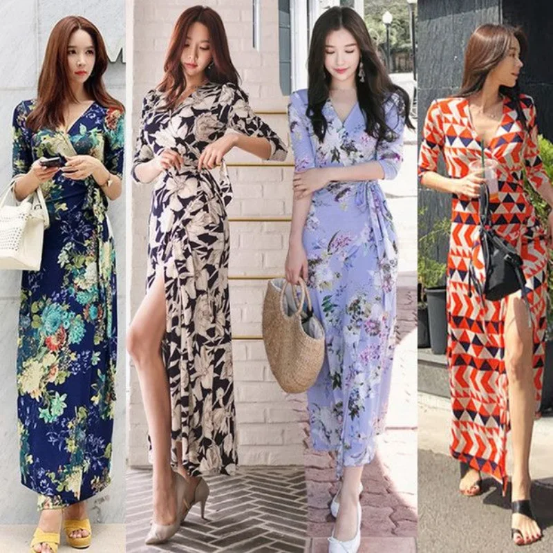 

French Vintage Print V-Neck Lace Up Wrap Skirt Slim Fit One Piece Short Sleeve Beach Women's Long Dress Korea Maxi Dresses 2024