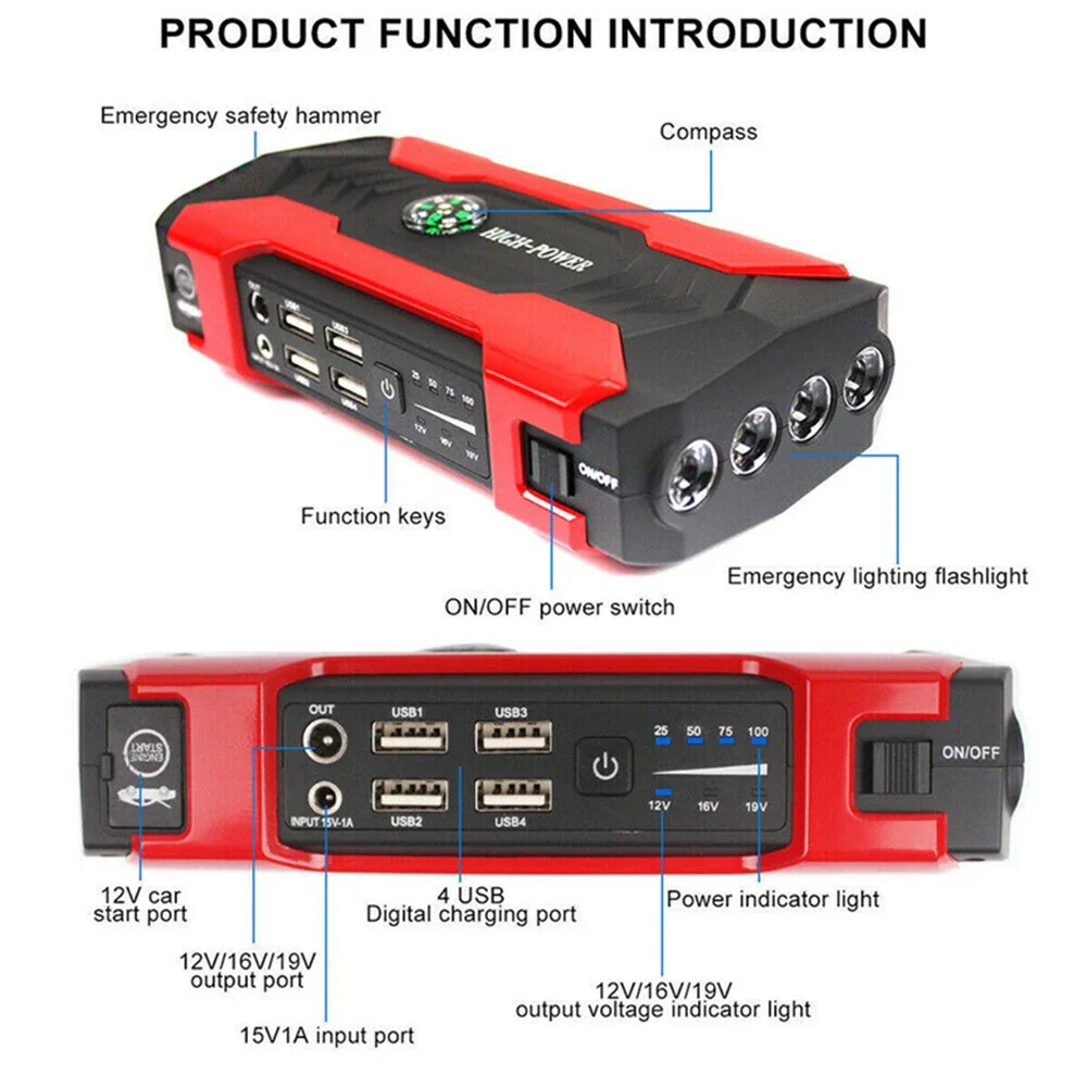 Starter de energia de emergência do carro portátil, carregamento rápido QC, isqueiro da bateria, 99800mAh, 12V, novo