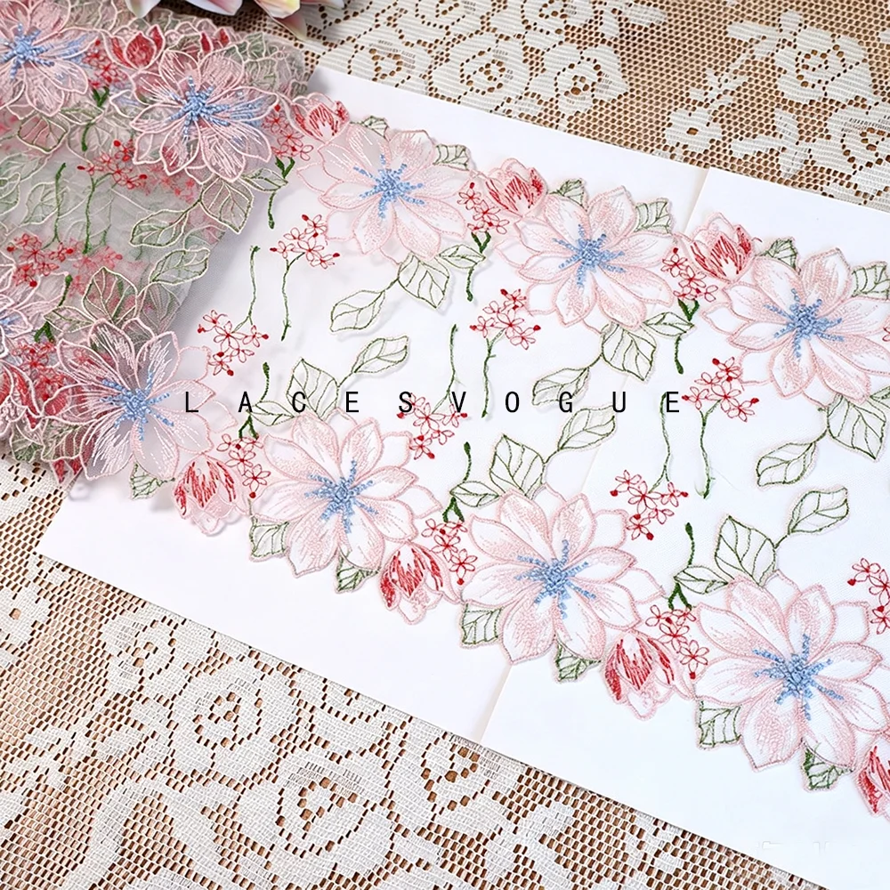 16Yards 22cm Exquisite Pink Lolita Double-Sided Mesh Embroidery Lace, DIY Handmade Lingerie Accessories, Bra Skirt Lace