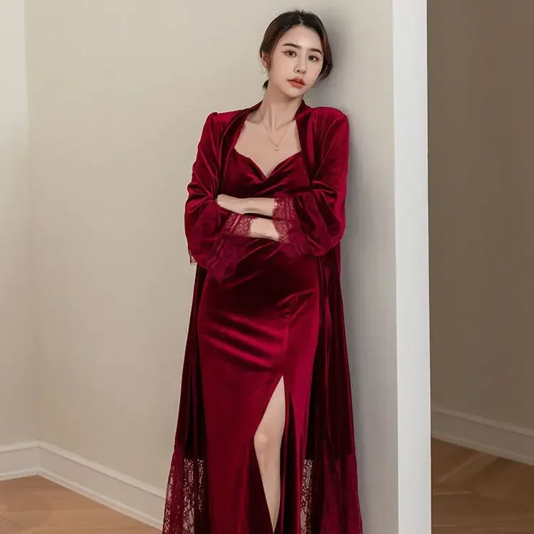 Sexy Lace Bride Wedding Robe Nightdress Set Burgundy Velvet Long Kimono Bathrobe Gown Autumn Winter Velour Homewear Lingerie