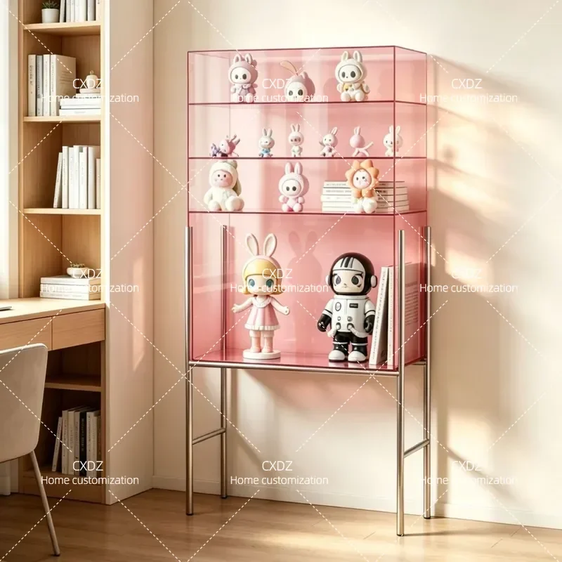 Pink Acrylic Floor to Ceiling Display Rack Living Room Storage Cabinet Stainless Steel Multi Layer Bookshelf Customizable