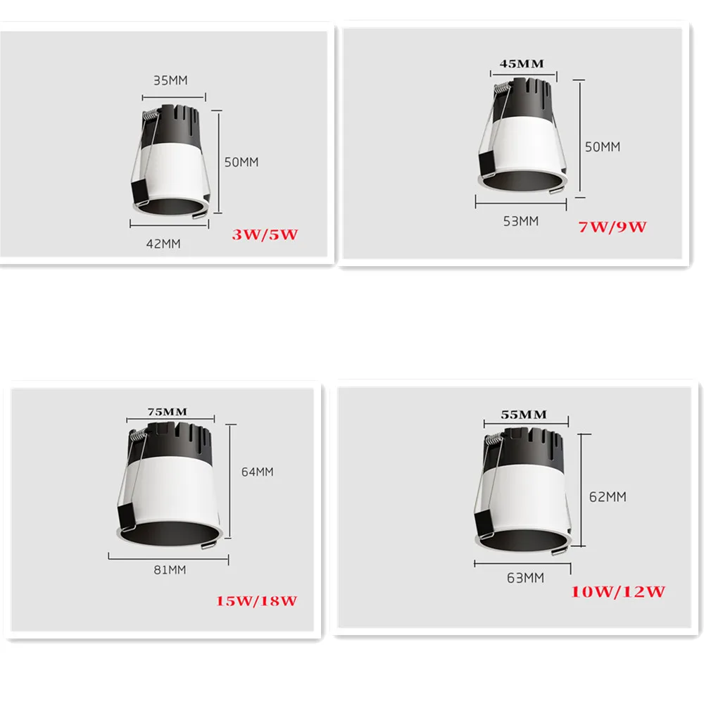 Recessed Mini Anti-glare LED COB Spotlight 7W 12W 15W Dimmable LED Downlight 2700K 3500K 5000K CRI8 Ceiling lamp Indoor Lighting