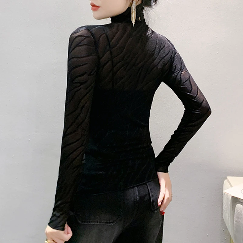 Black,Korean,Style,Fall,Winter,T-shirt,Sexy,Hollow Out,Turtleneck,Mesh,Thin,Women,Tops,Long Sleeve,Bottoming,Shirt,Tees,411707 image 2