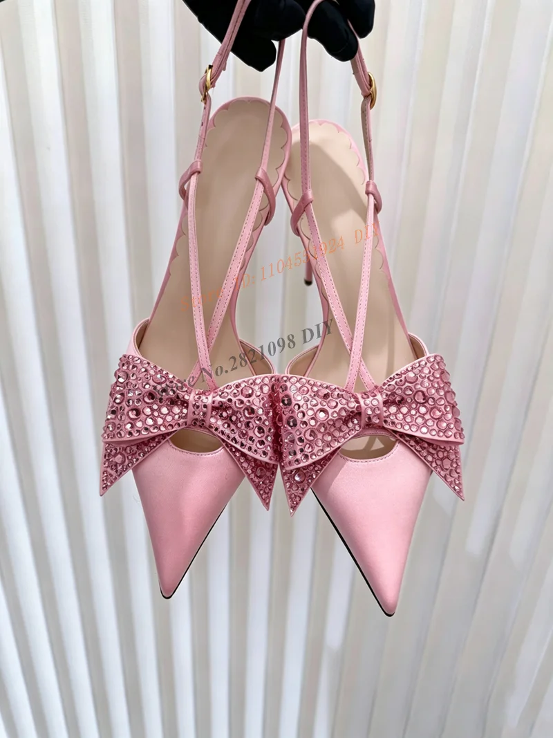 Luxury Pink Silk Real Leather Crystal Bowtie Pumps Women Rhinestone High Heels Butterfly Knot Designer Shoes Zapatillas De Mujer