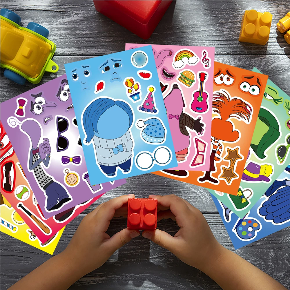 6/12Sheets Disney Cute Inside Out 2 Puzzle Stickers Game DIY Funny Make a Face Assemble Jigsaw Sticker Kids Education Toy Gifts