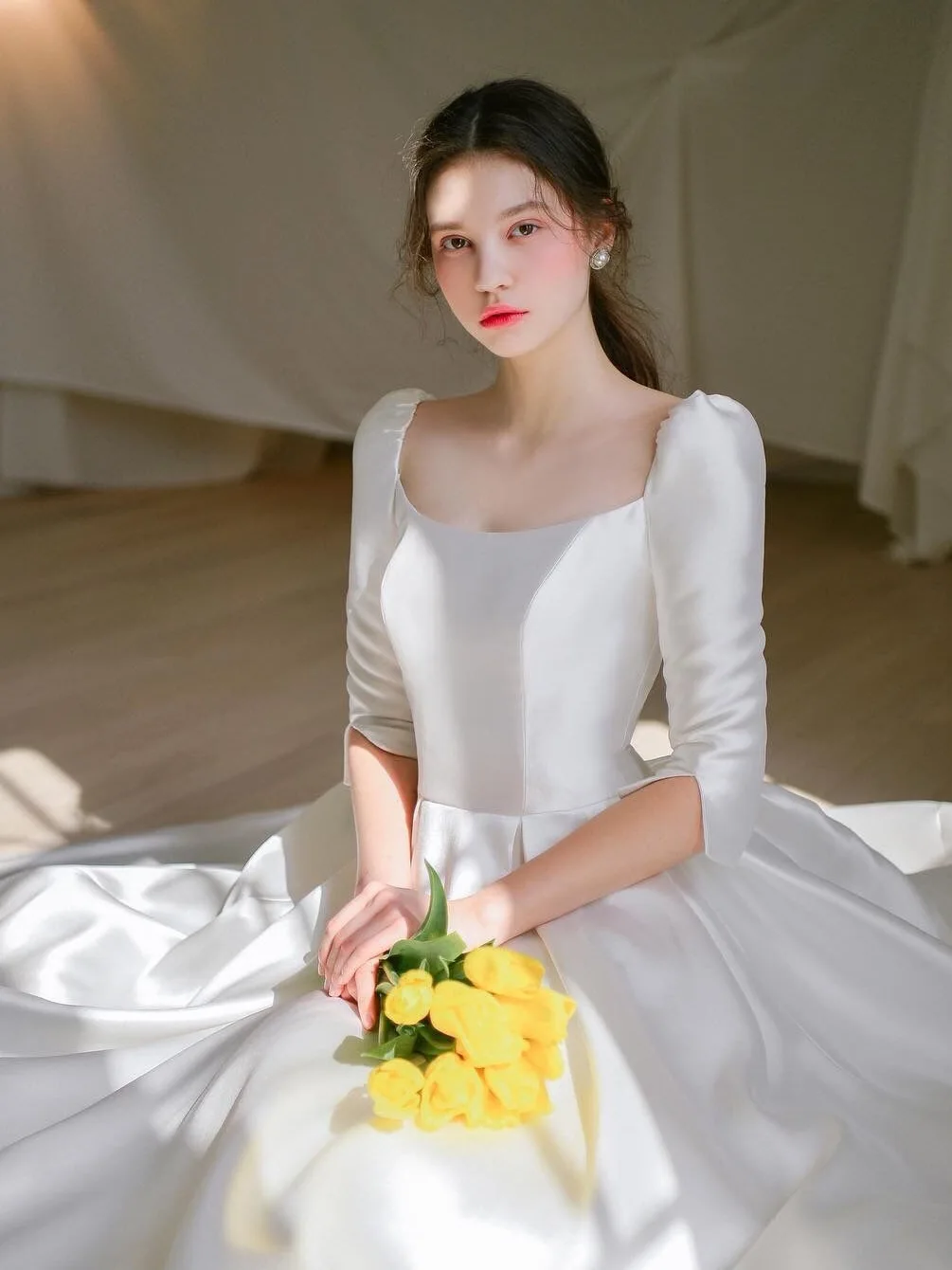 2024 autumn new mid-length sleeve square neck satin simple retro satin wedding dress