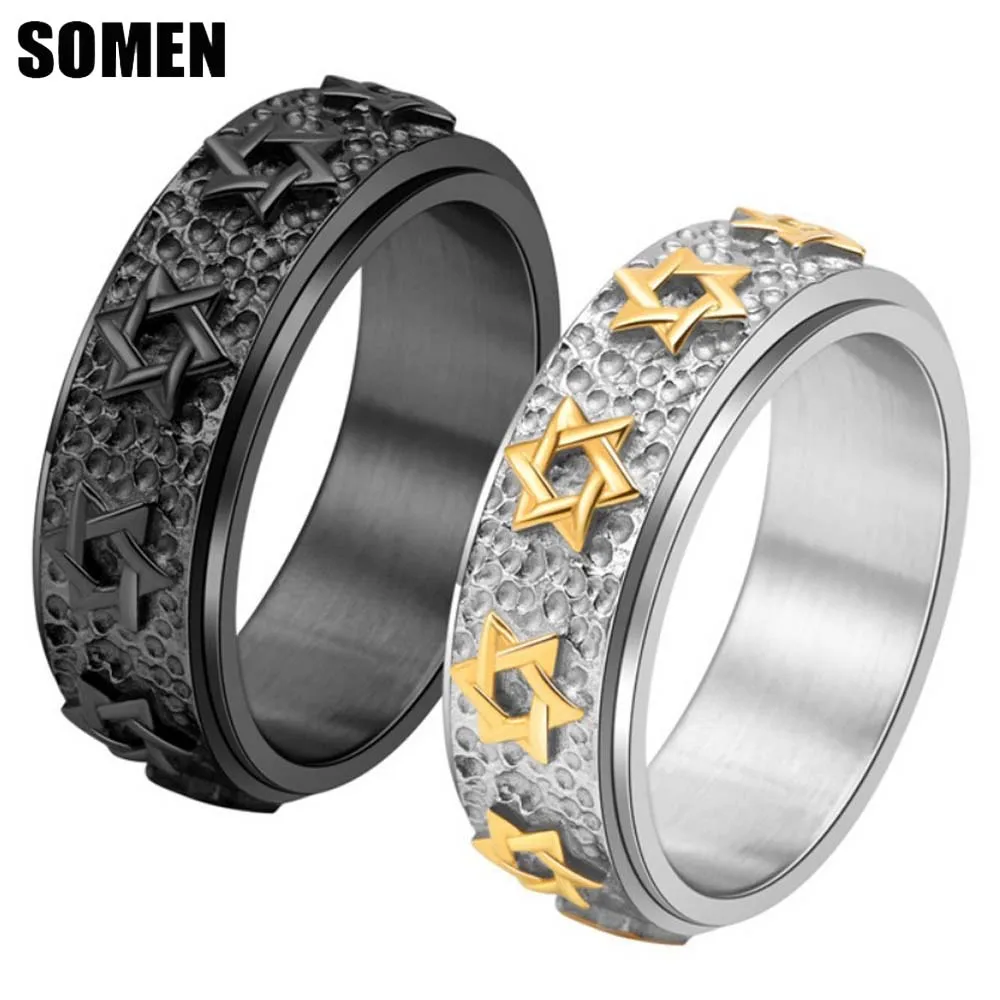 Somen 8mm Star of David Spinner Titanium Steel Ring For Men Hexagram Jewish Six Pointed Rotable Ring Party Jewelry Gifts Bague