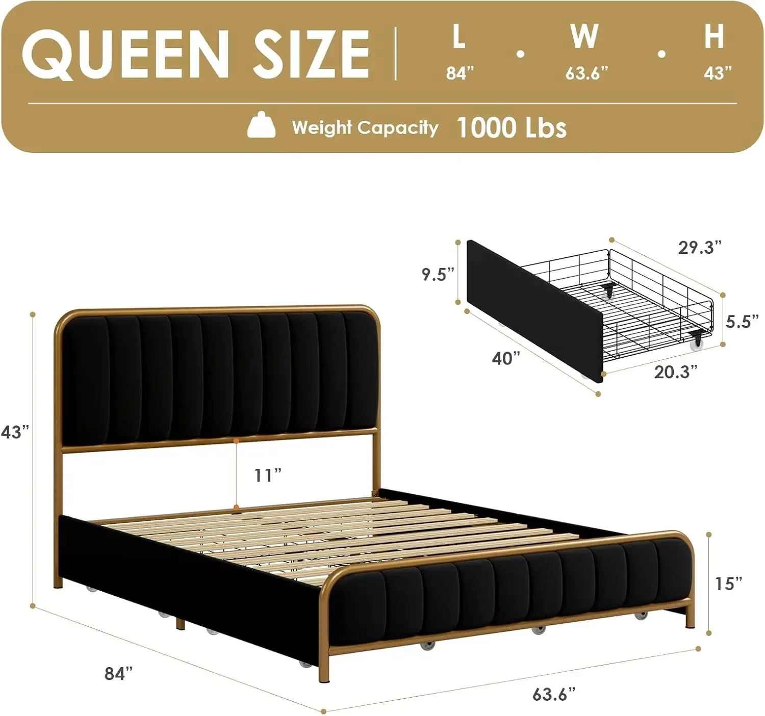 Gestoffeerd queensize bedframe met 4 opbergladen en hoofdeinde, robuuste metalen matrasfundering met houten latten