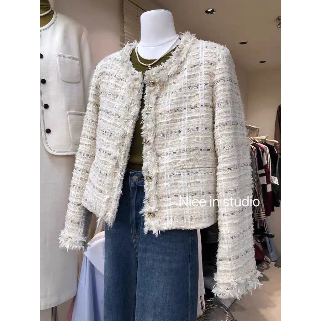 Tweed White Short Coat Women 2023 Autumn Winter New Chic Jakcet Causal Fashion Elegant Korean Style Outwear