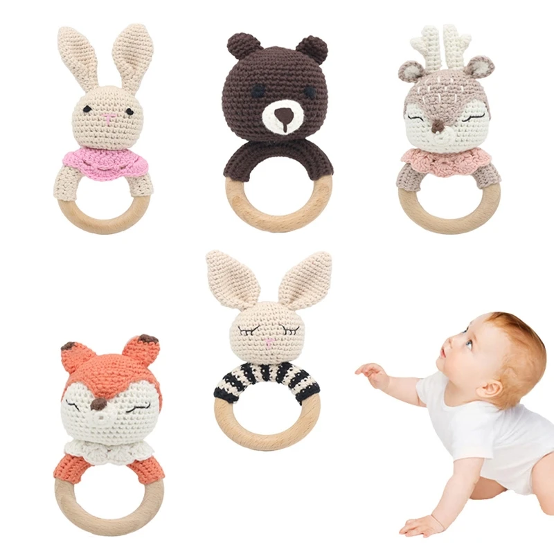 Baby Teether แหวนไม้ Handmade BPA ฟรีเคี้ยวของเล่นฟันด้ายฝ้ายโครเชต์สัตว์ Rattle ถักมือ W3JF