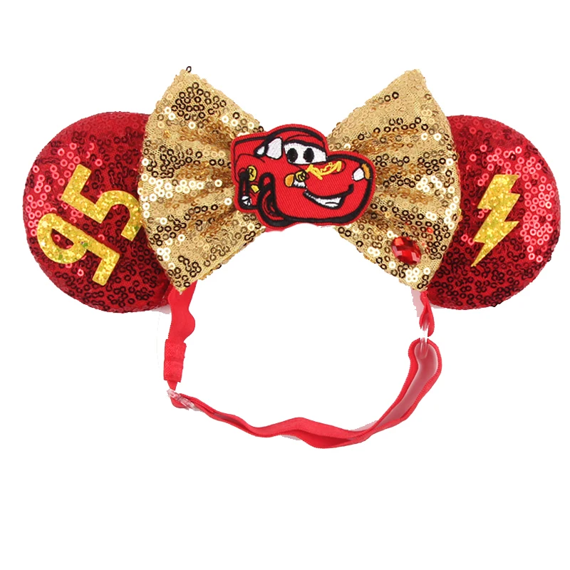 Disney Anime Cars Ears elastische Stirnbänder für Frauen, Pailletten, Schleife, angepasste Stirnbänder, Haarschmuck, Kinder-Kopfbedeckung, Karnevalsgeschenk