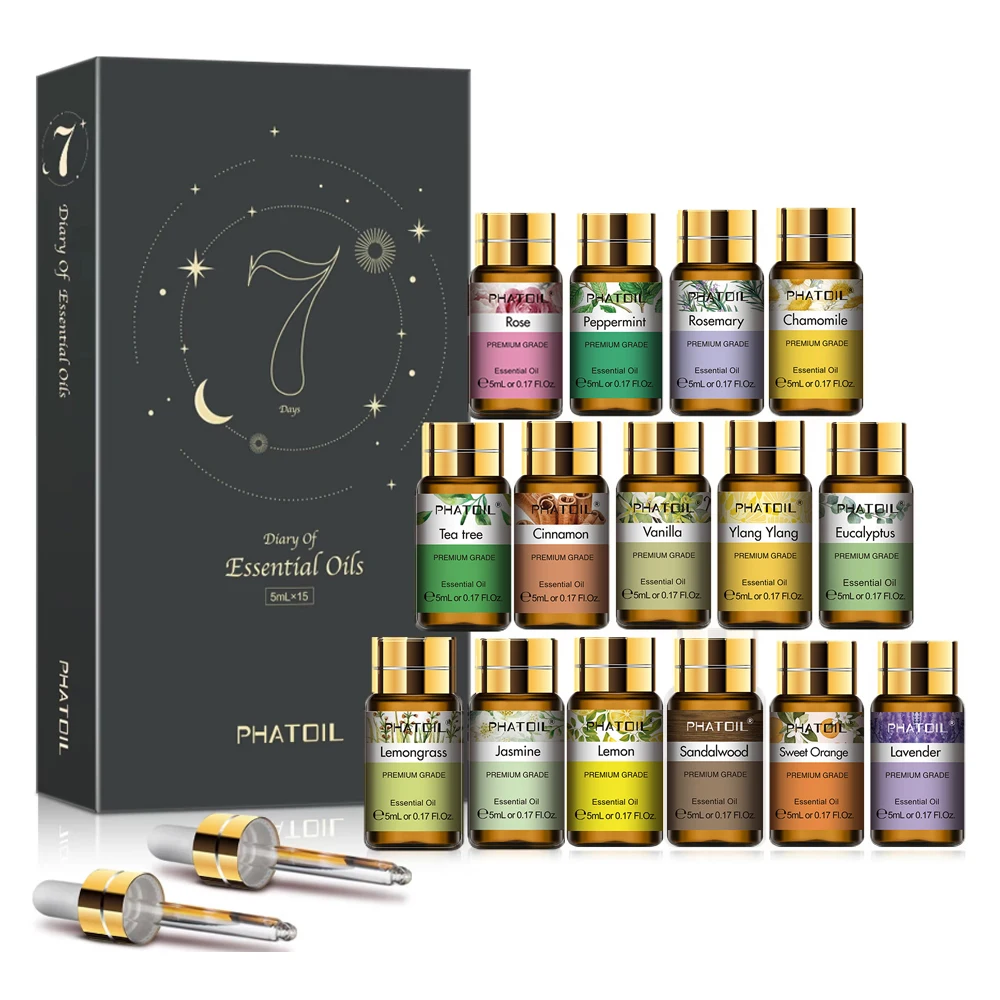 PHATOIL 15pcs Gift Set Aromatherapy Essential Oils For Humidifier-5ml Lavender Rose Jasmine Eucalyptus Fragrance Aroma Oils