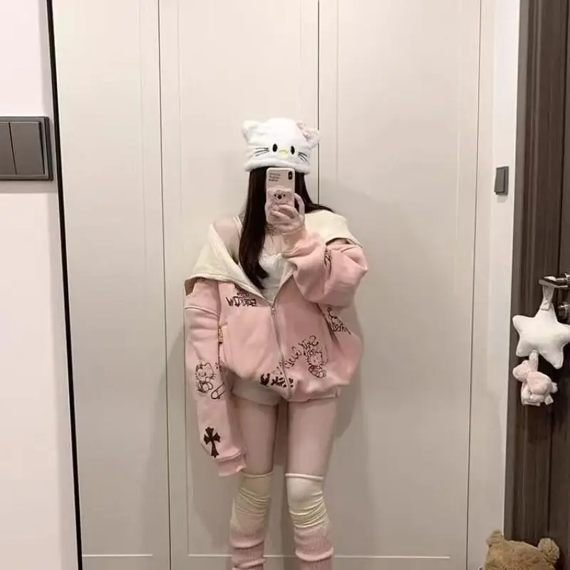 

Sanrio Hello Kitty Printed Hooded Sweatshirt Jacket Fleece Lined Thickened Women Autumn Winter Trendy Lazy Cute Youthful Coat