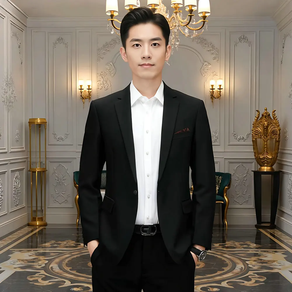 

Men's Business Blazers Notched Lapel Back Slit Design Slim Fit Outfits Male Suit Jackets Office Clothes Four Season Attire