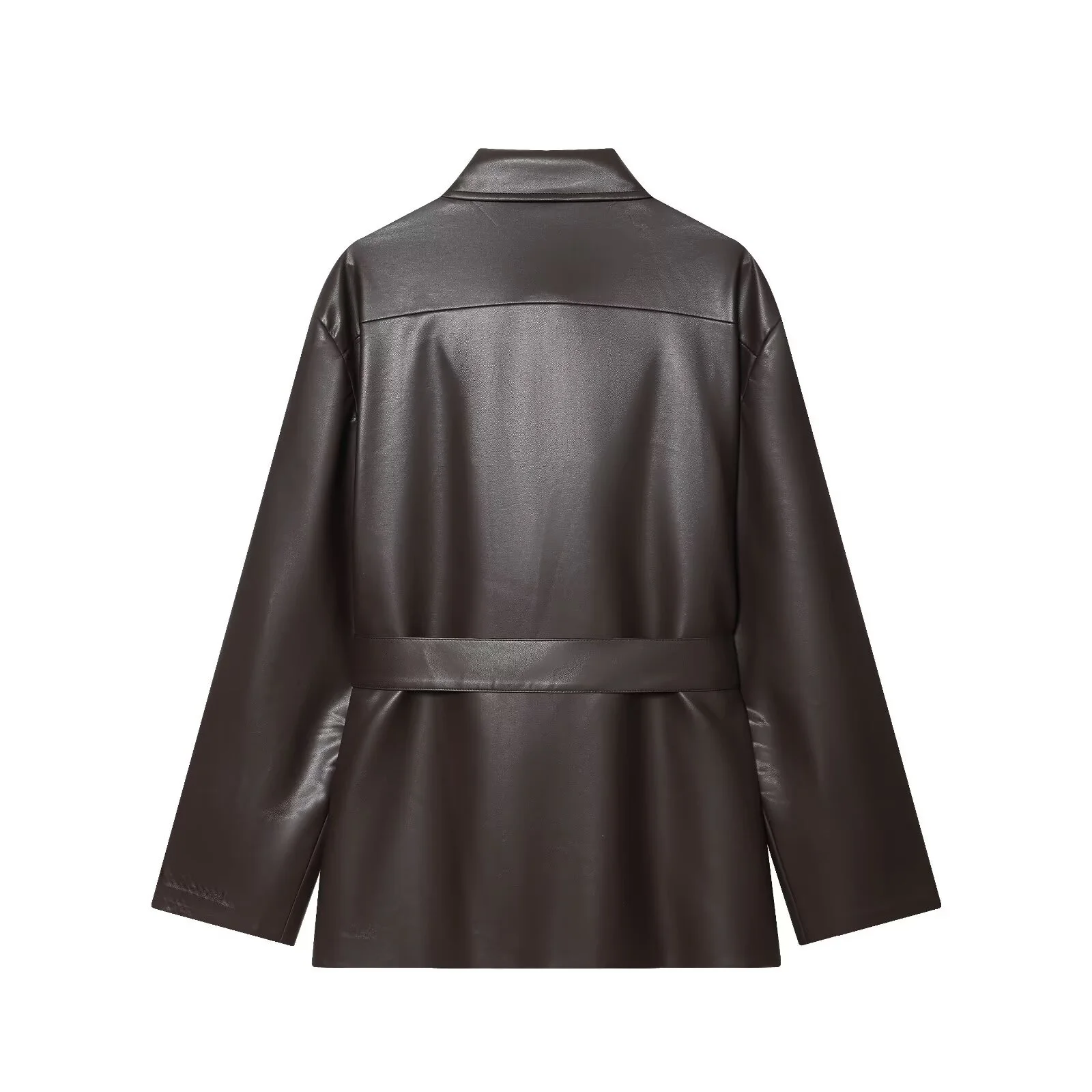 سترة نسائية جديدة لخريف 2025 غير رسمية بسيطة ومتعددة الاستخدامات وحزام بقصة ضيقة وطية صدر وأكمام طويلة من الجلد الصناعي #2