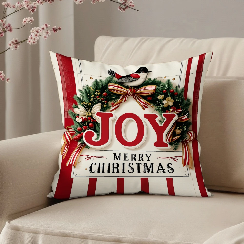 Square Throw Pillow Cover Red And White Striped Joy Merry Christmas Wreath Bird Print Decorative Cushion Case