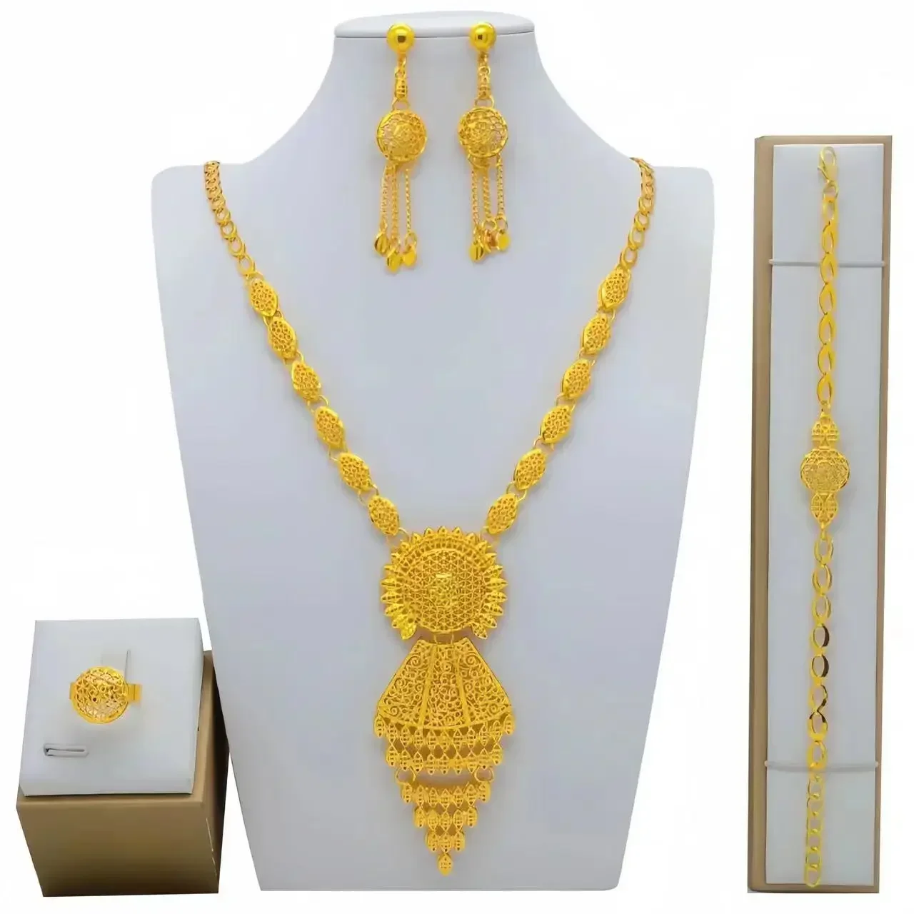 Fashion Dubai Gold Color Jewelry Set For Women African India Long Chain Tassels Necklace Earrings Bracelet Ring Set Party Gift