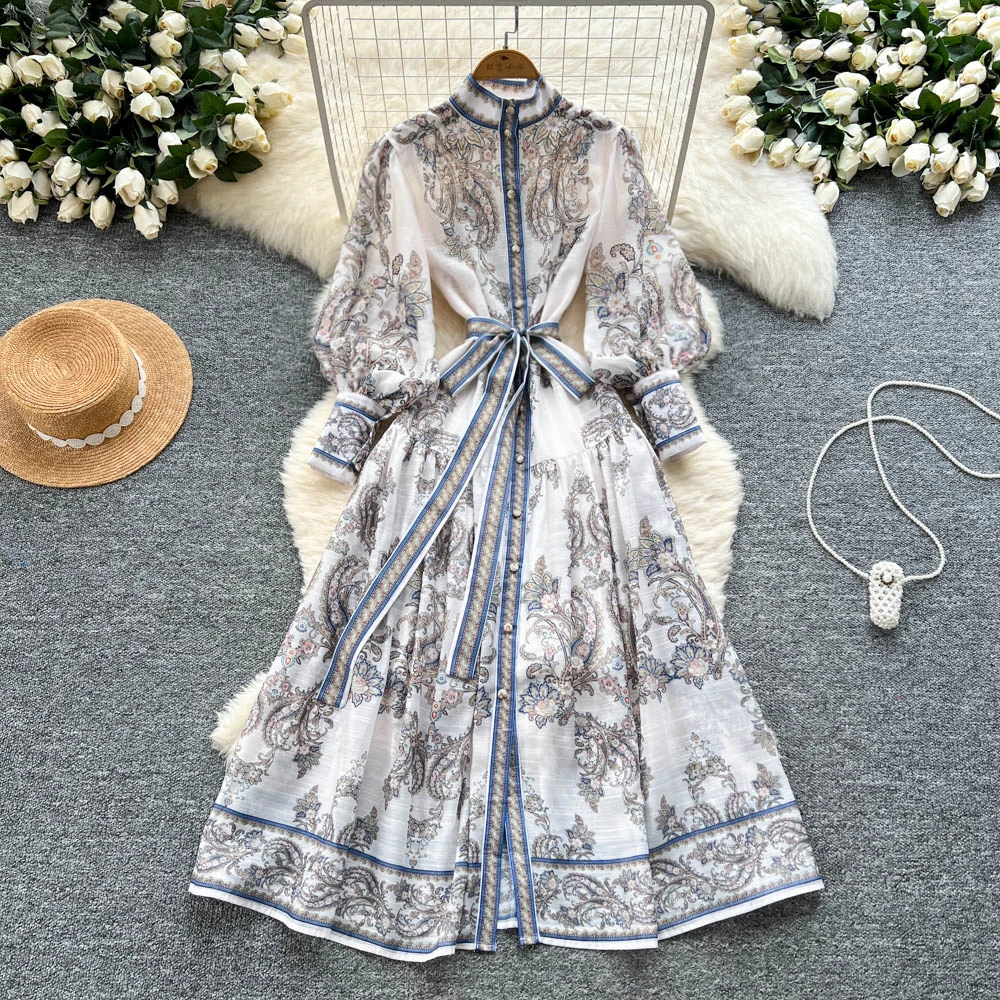 

Elegant long sleeve button lantern sleeve Ruched print Vintage Chic Slim Women fairycore Fashion Evening High Street Clothing