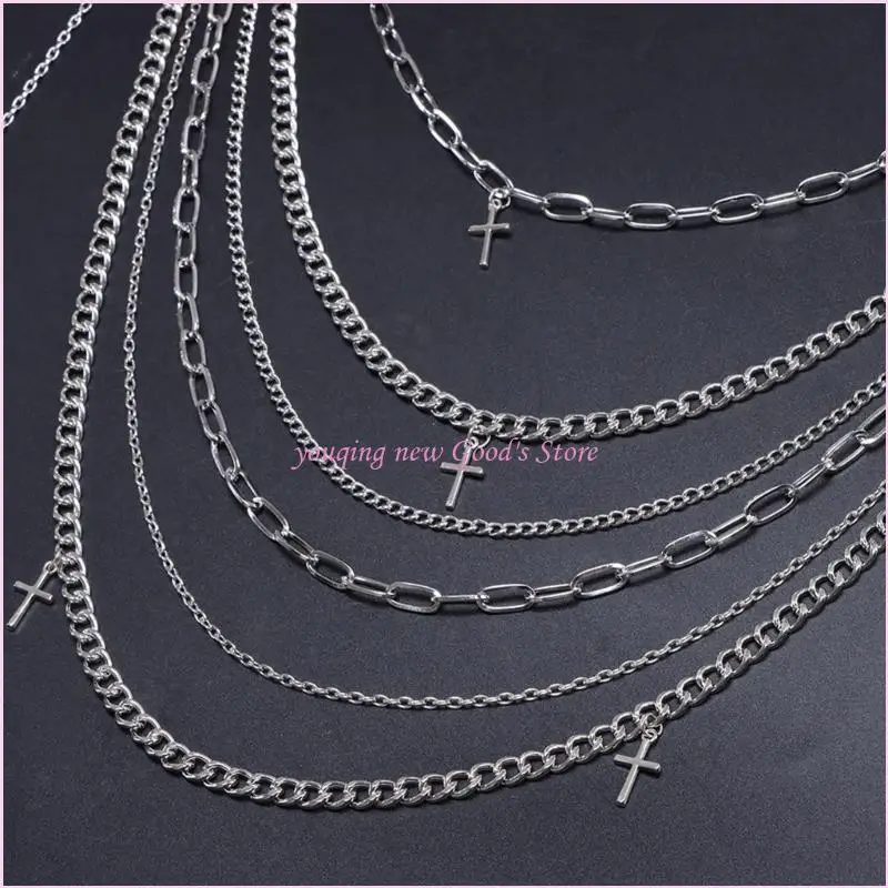 57QA Fashionable Multi Layered Gothic Jeans Chain with Crosses Charm for Punk Outfits